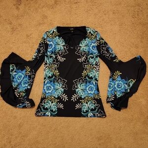 MSK Top With Bell Sleeves. Medium. Navy Blue with Matching Hair Scrunchie.